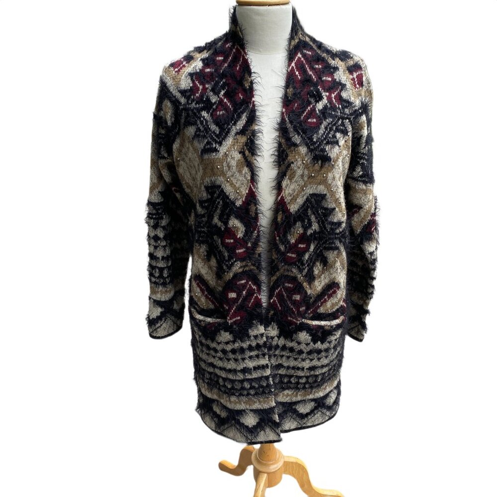 NWOT BCBGMaxazria Fuzzy Fair Isle Aztec Open Front Cardigan Southwestern Cabin-M